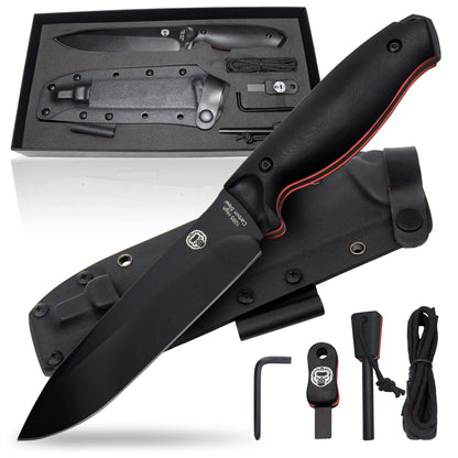 Holtzman's Gorilla Survival "The Fireline" Bushcraft Survival Knife with 1095 High Carbon Blade Giftset (Black and Orange)