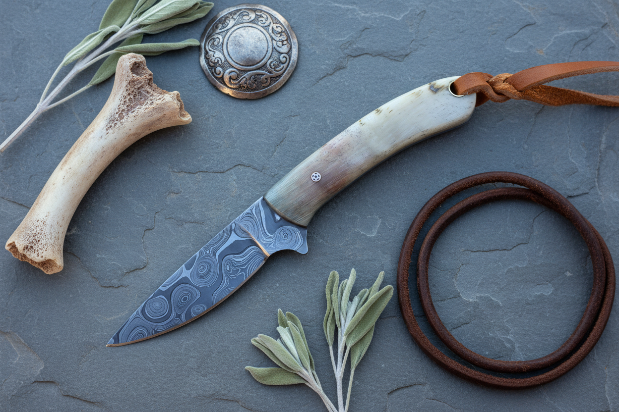 Frontier Cowboy Gear Saddle Knife – Damascus Steel Blade & Sheep Horn Handle with Leather Sheath | 7"