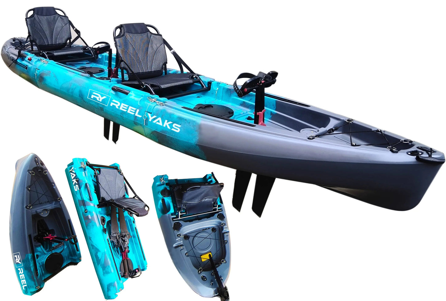 ReelYaks 14ft Raptor Tandem or Solo Modular Raptor Fin or Prop Drive Pedal Fishing Kayak | 520lbs Capacity | 3 Piece