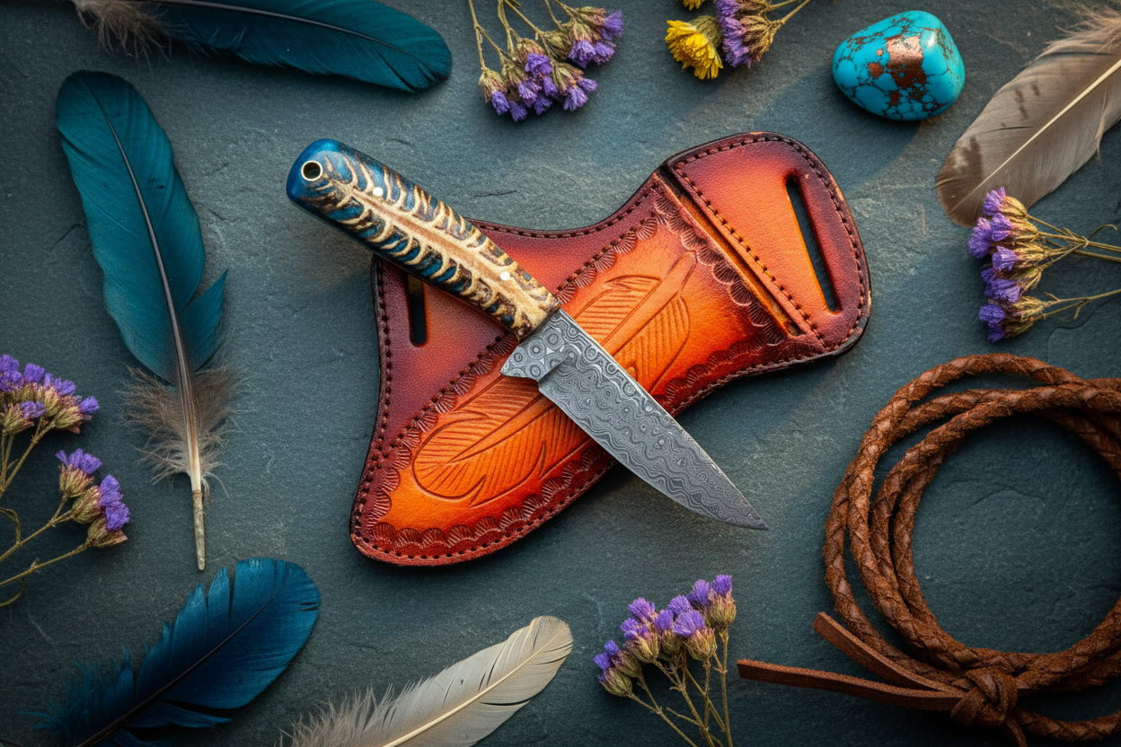 Frontier Cowboy Gear Western Belt Knife – Damascus Steel Blade & Blue Pine Cone Resin Handle | 8"