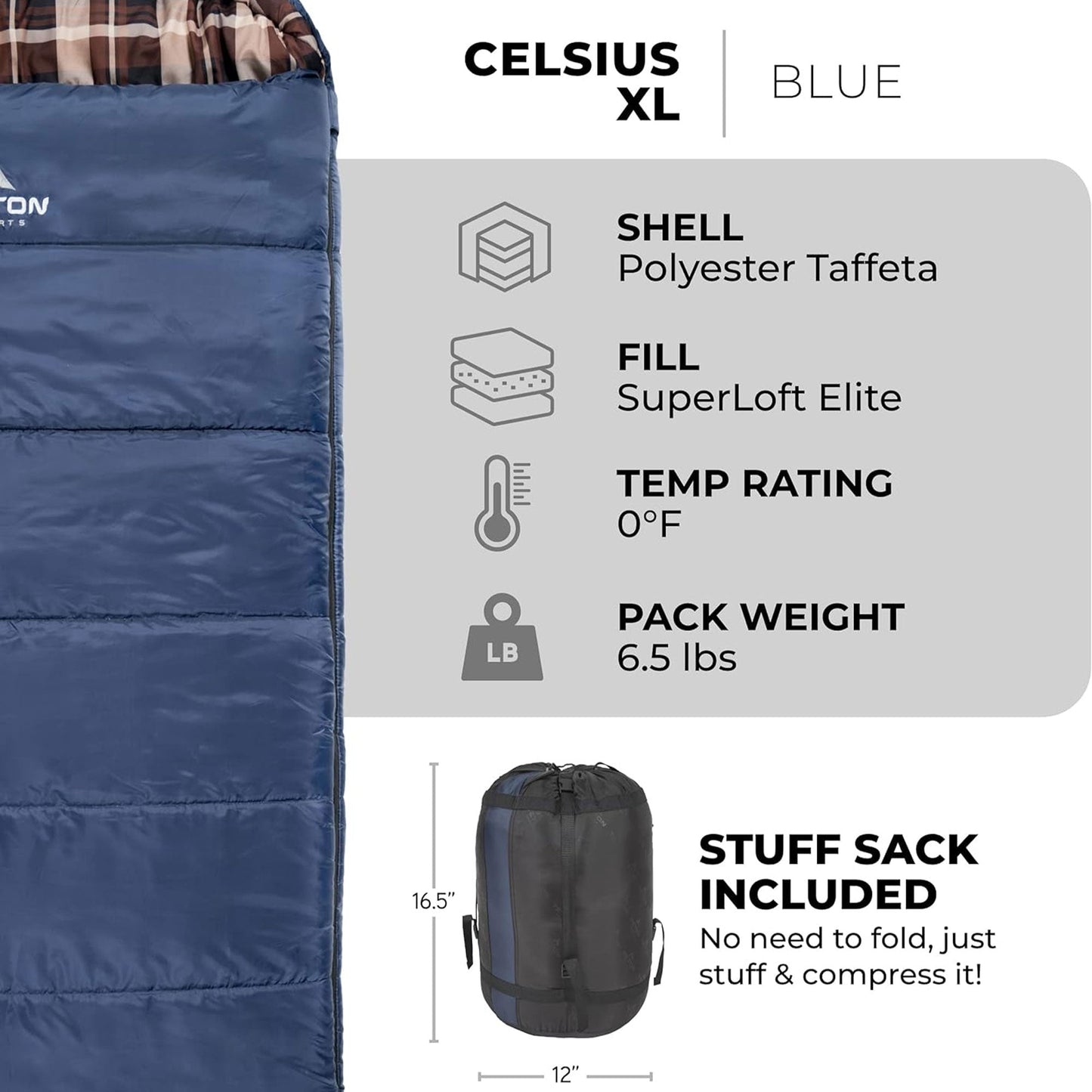 TETON Sports Celsius XL - 25 Degree Right Zipper Sleeping Bag for Camping, Blue - Angler's Pro Tackle & Outdoors