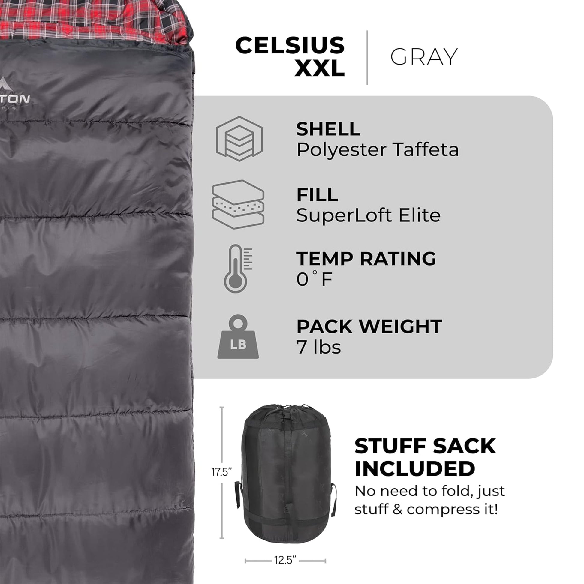 TETON Sports Celsius XXL 0 Degree Left Zipper Sleeping Bag for Camping, Gray - Angler's Pro Tackle & Outdoors