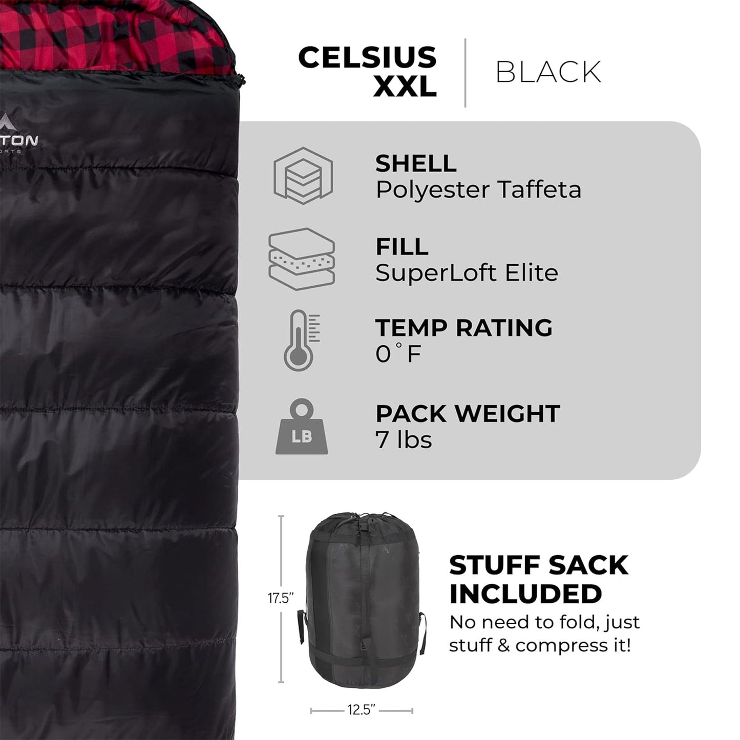 TETON Sports Celsius XXL 0 Degree Right Zipper Sleeping Bag for Camping, Black - Angler's Pro Tackle & Outdoors