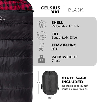 TETON Sports Celsius XXL 0 Degree Right Zipper Sleeping Bag for Camping, Black - Angler's Pro Tackle & Outdoors