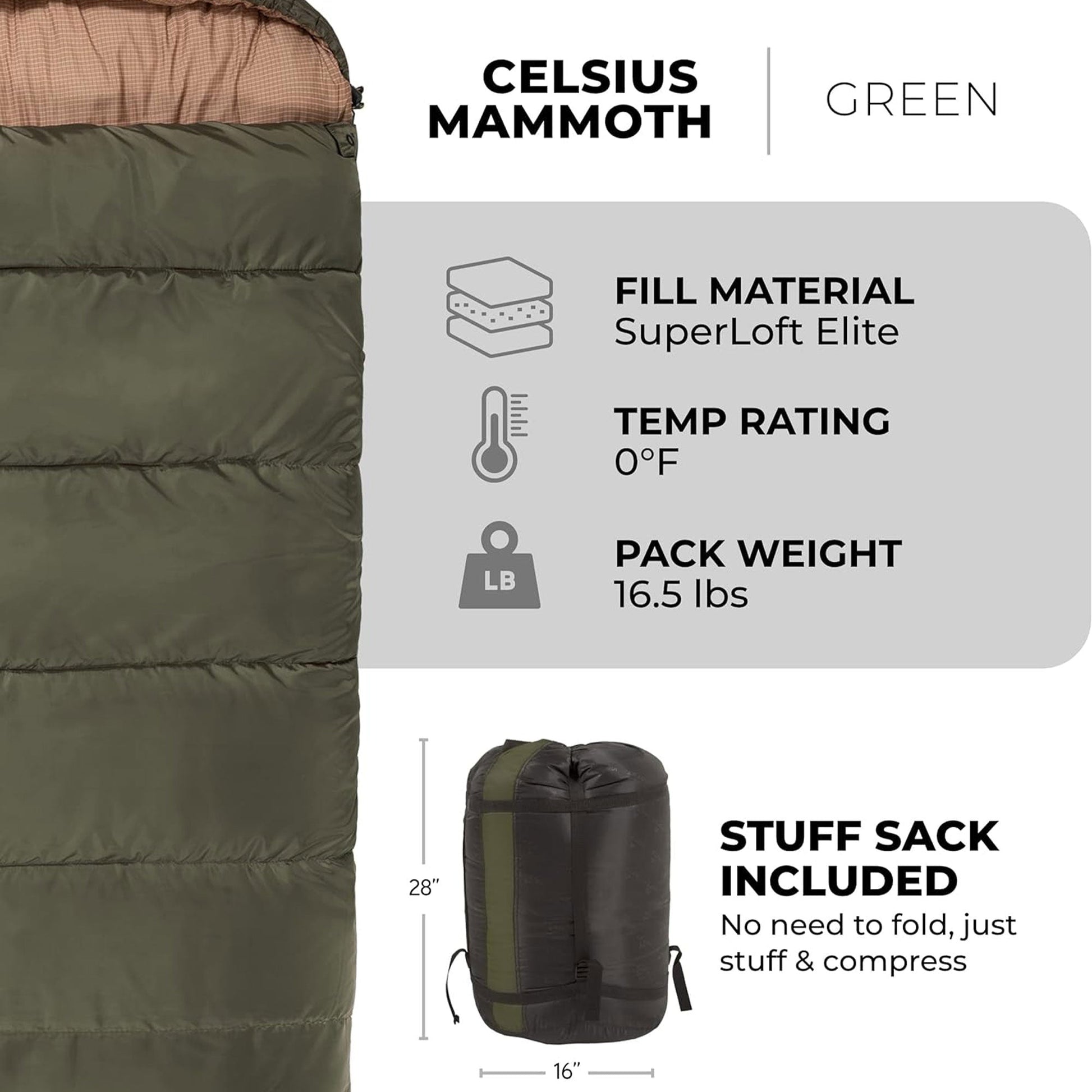 TETON Sports Mammoth 0 Degree Warm Sleeping Bags for Camping & Base Camp, Green - Angler's Pro Tackle & Outdoors