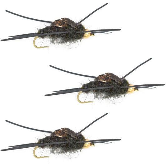 The Fly Fishing Place 3 Pack Barbless Gold Bead Kaufmann's Black Stone Fly with Rubber Legs - Stonefly Wet Fly - Hook Size 12 - Angler's Pro Tackle & Outdoors
