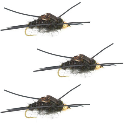 The Fly Fishing Place 3 Pack Barbless Gold Bead Kaufmann's Black Stone Fly with Rubber Legs - Stonefly Wet Fly - Hook Size 8 - Angler's Pro Tackle & Outdoors