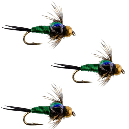 The Fly Fishing Place 3 Pack Bead Head Green Copper John Nymph Fly Fishing Flies - Hook Size 12 - Angler's Pro Tackle & Outdoors
