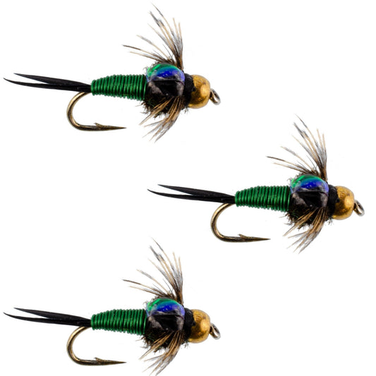 The Fly Fishing Place 3 Pack Bead Head Green Copper John Nymph Fly Fishing Flies - Hook Size 16 - Angler's Pro Tackle & Outdoors