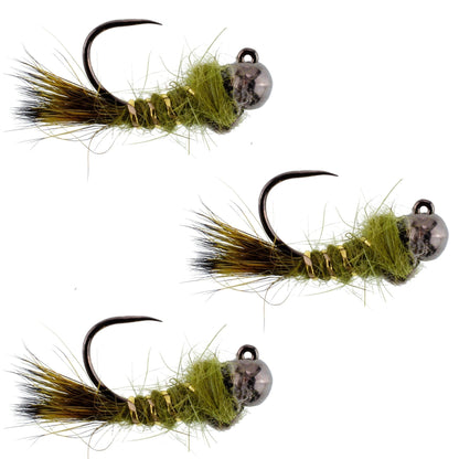The Fly Fishing Place 3 Pack Black Tungsten Bead Tactical Olive Hares Ear Czech Nymph Euro Nymphing Fly - Hook Size 12 - Angler's Pro Tackle & Outdoors