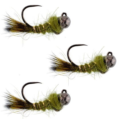 The Fly Fishing Place 3 Pack Black Tungsten Bead Tactical Olive Hares Ear Czech Nymph Euro Nymphing Fly - Hook Size 16 - Angler's Pro Tackle & Outdoors