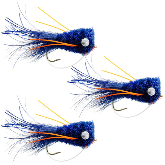 The Fly Fishing Place 3 Pack Flashtail Bass Popper Size 6 - Blue Orange Bass Fly Fishing Bug Wide Gape Bass Hooks With Weed Guard - Angler's Pro Tackle & Outdoors