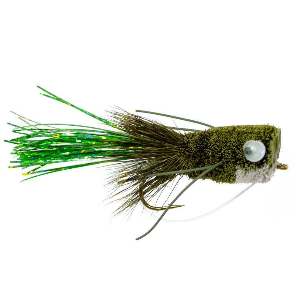 The Fly Fishing Place 3 Pack Flashtail Bass Popper Size 8 - Olive Bass Fly Fishing Bug Wide Gape Bass Hooks With Weed Guard - Angler's Pro Tackle & Outdoors