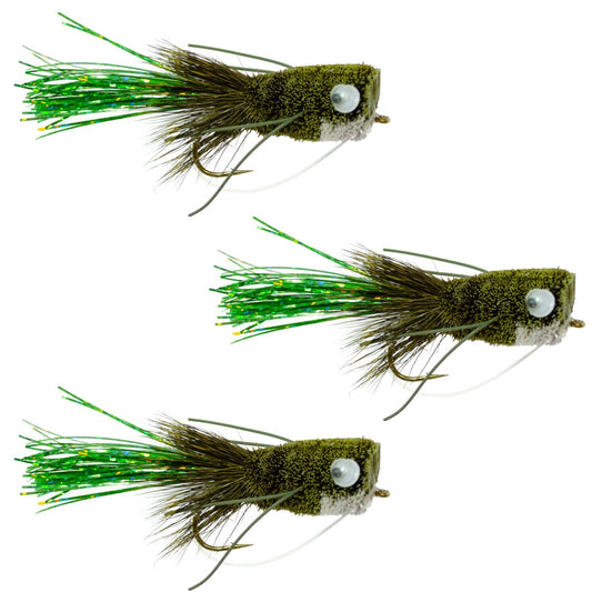 The Fly Fishing Place 3 Pack Flashtail Bass Popper Size 8 - Olive Bass Fly Fishing Bug Wide Gape Bass Hooks With Weed Guard - Angler's Pro Tackle & Outdoors
