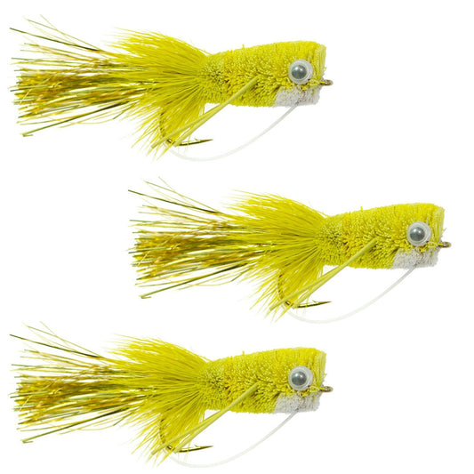 The Fly Fishing Place 3 Pack Flashtail Bass Popper Size 8 - Yellow Bass Fly Fishing Bug Wide Gape Bass Hooks With Weed Guard - Angler's Pro Tackle & Outdoors