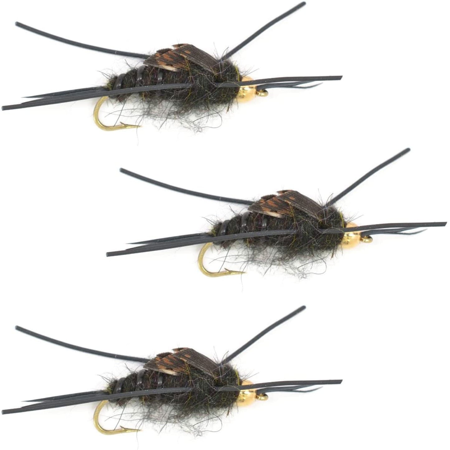 The Fly Fishing Place 3 Pack Gold Bead Kaufmann's Black Stone Fly with Rubber Legs - Stonefly Wet Fly - Hook Size 12 - Angler's Pro Tackle & Outdoors