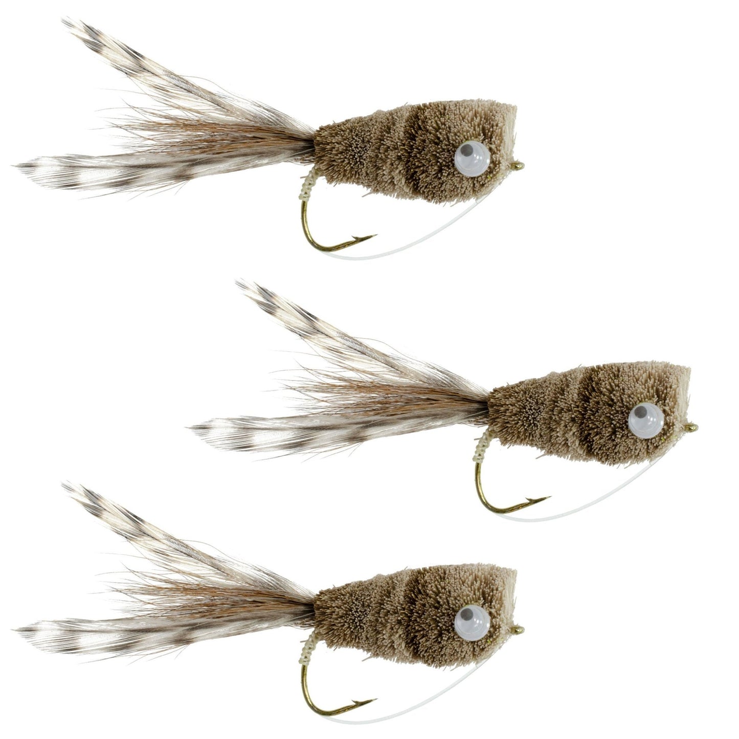 The Fly Fishing Place 3 Pack Natural Deer Hair and Grizzly Bass Popper Size 8 Bass Fly Fishing Bug Wide Gape Bass Hooks With Weed Guard