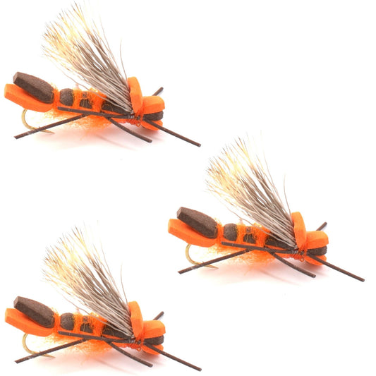 The Fly Fishing Place 3 Pack Orange Godzilla Hopper - Foam Grasshopper or Adult Salmonfly Fly Pattern - Hook Size 10 - Angler's Pro Tackle & Outdoors