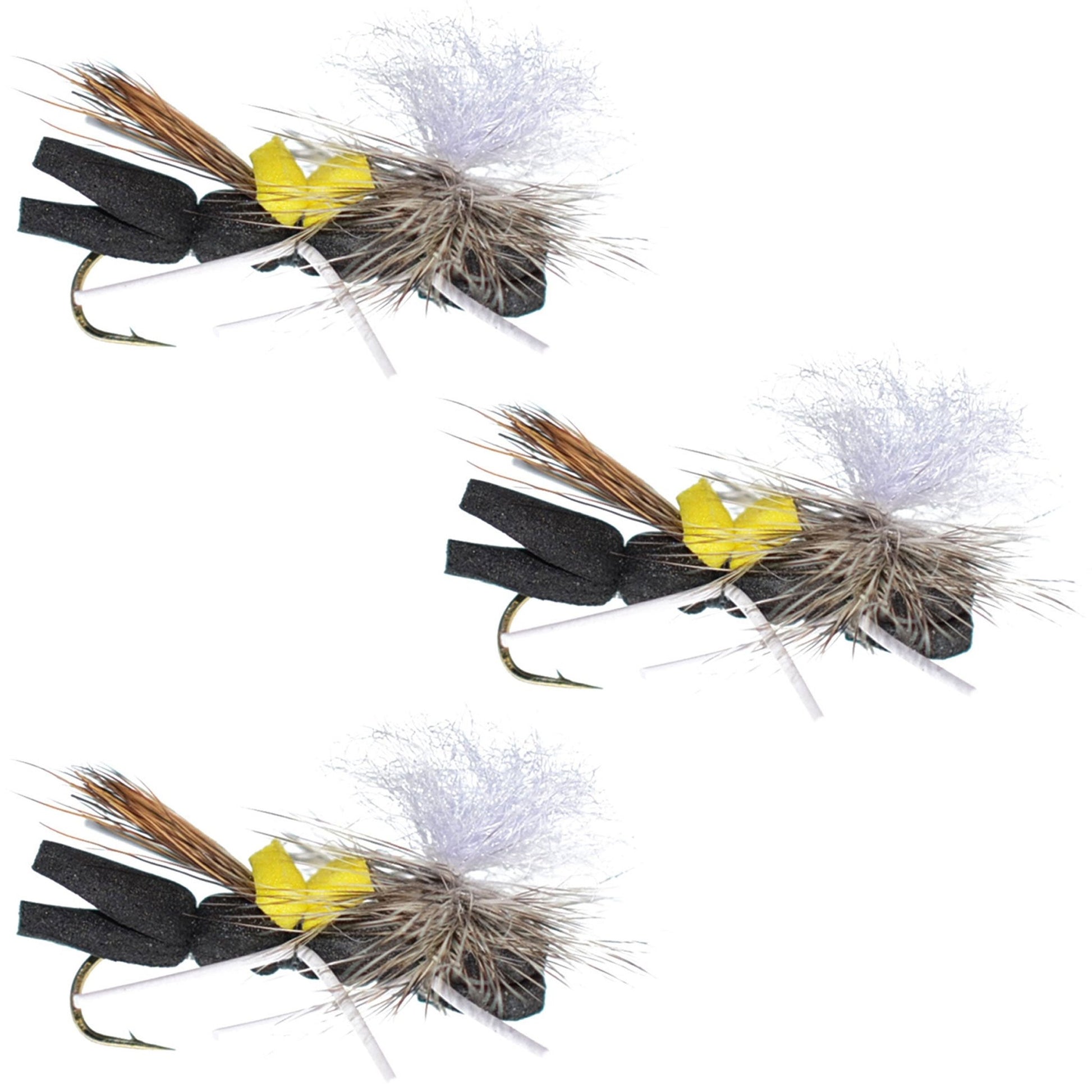 The Fly Fishing Place 3 Pack Parachute Chernobyl Ant Black Yellow Top Foam Body Grasshopper Fly Hook Size 10 - Angler's Pro Tackle & Outdoors