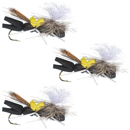 The Fly Fishing Place 3 Pack Parachute Chernobyl Ant Black Yellow Top Foam Body Grasshopper Fly Hook Size 10 - Angler's Pro Tackle & Outdoors