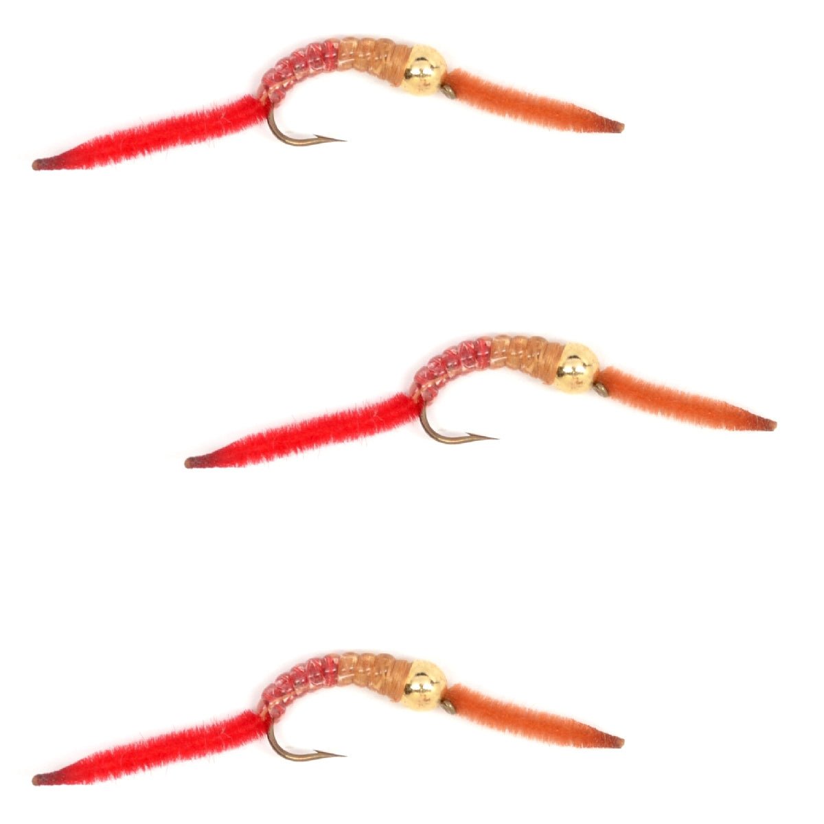 The Fly Fishing Place 3 Pack San Juan Bead Head Power Worm Half Brown Half Red V - Rib - Hook Size 14 - Angler's Pro Tackle & Outdoors