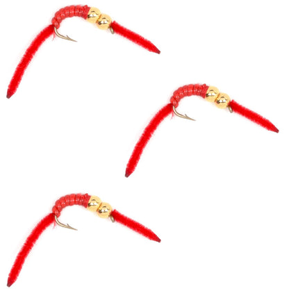 The Fly Fishing Place 3 Pack San Juan Double Bead Power Worm Red V - Rib - Hook Size 14 - Angler's Pro Tackle & Outdoors