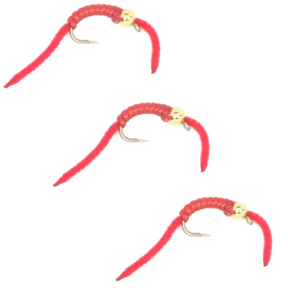 The Fly Fishing Place 3 Pack San Juan Power Worm Gold Bead Head Red V - Rib - Hook Size 10 - Angler's Pro Tackle & Outdoors