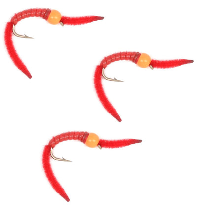 The Fly Fishing Place 3 Pack San Juan Power Worm Hot Head Orange Bead Red V - Rib - Hook Size 12 - Angler's Pro Tackle & Outdoors