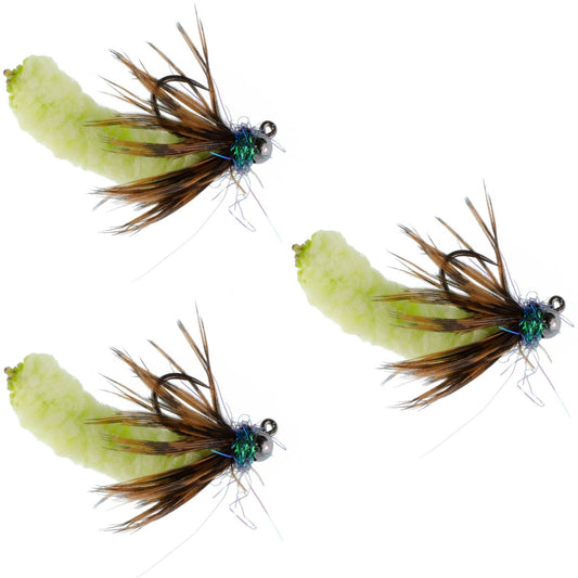 The Fly Fishing Place 3 Pack Tungsten Bead Chartreuse Mop Fly Tactical Jig Czech Euro Nymph Barbless Fly - Size 14 - Angler's Pro Tackle & Outdoors