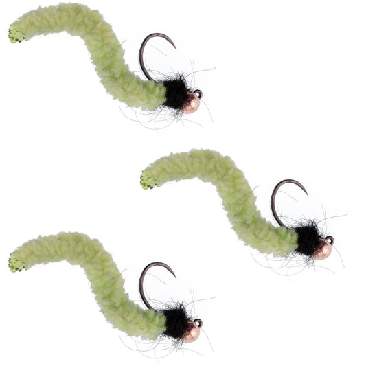 The Fly Fishing Place 3 Pack Tungsten Bead Chartreuse Wormy Mop Fly Tactical Jig Czech Euro Nymph Barbless Fly - Size 14 - Angler's Pro Tackle & Outdoors