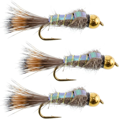 The Fly Fishing Place 3 Pack Tungsten Bead Head Flash Back Gold Ribbed Hare's Ear Nymph Fly Fishing Flies Hook Size 18 - Angler's Pro Tackle & Outdoors