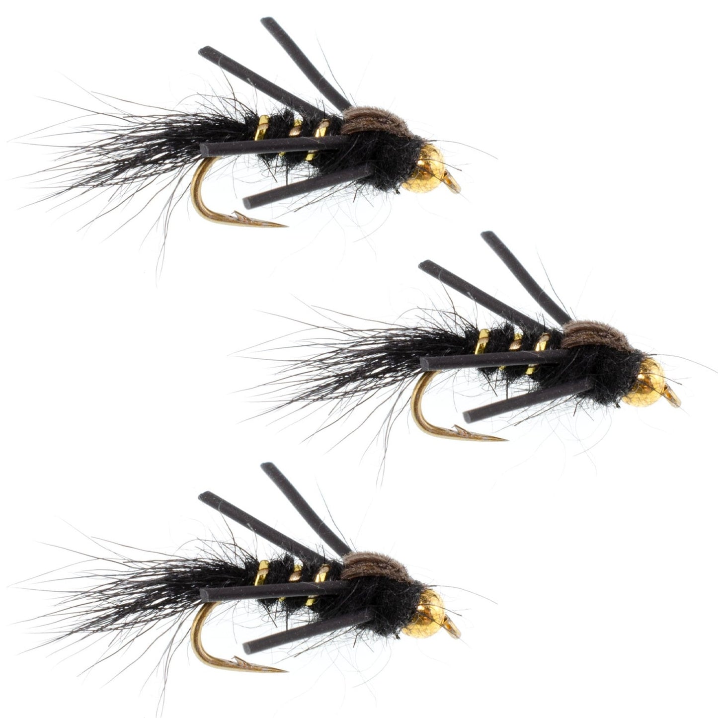 The Fly Fishing Place 3 Pack Tungsten Bead Head Rubber Legs Black Gold - Ribbed Hare's Ear Trout Fly Nymph - Hook Size 16 - Angler's Pro Tackle & Outdoors