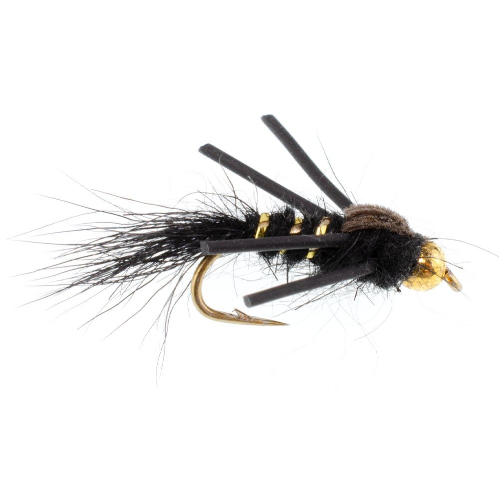 The Fly Fishing Place 3 Pack Tungsten Bead Head Rubber Legs Black Gold - Ribbed Hare's Ear Trout Fly Nymph - Hook Size 16 - Angler's Pro Tackle & Outdoors