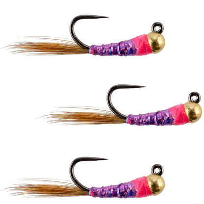 The Fly Fishing Place 3 Pack Tungsten Bead Hot Spot Purple Perdigon Tactical Jig Spanish Czech Euro Nymph Fly - Hook Size 18 - Angler's Pro Tackle & Outdoors