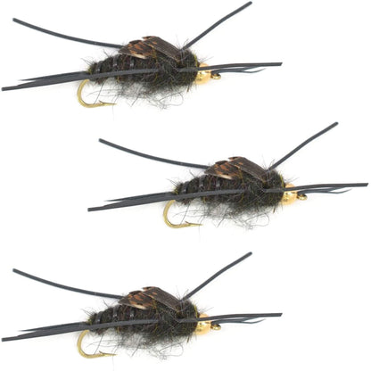 The Fly Fishing Place 3 Pack Tungsten Bead Kaufmann's Black Stone Fly with Rubber Legs - Stonefly Wet Fly - Hook Size 12 - Angler's Pro Tackle & Outdoors