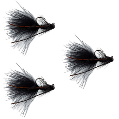 The Fly Fishing Place 3 Pack Tungsten Bead Tactical Black Mini Bugger Czech Nymph Euro Nymphing Fly - 3 Flies Size 8 - Angler's Pro Tackle & Outdoors