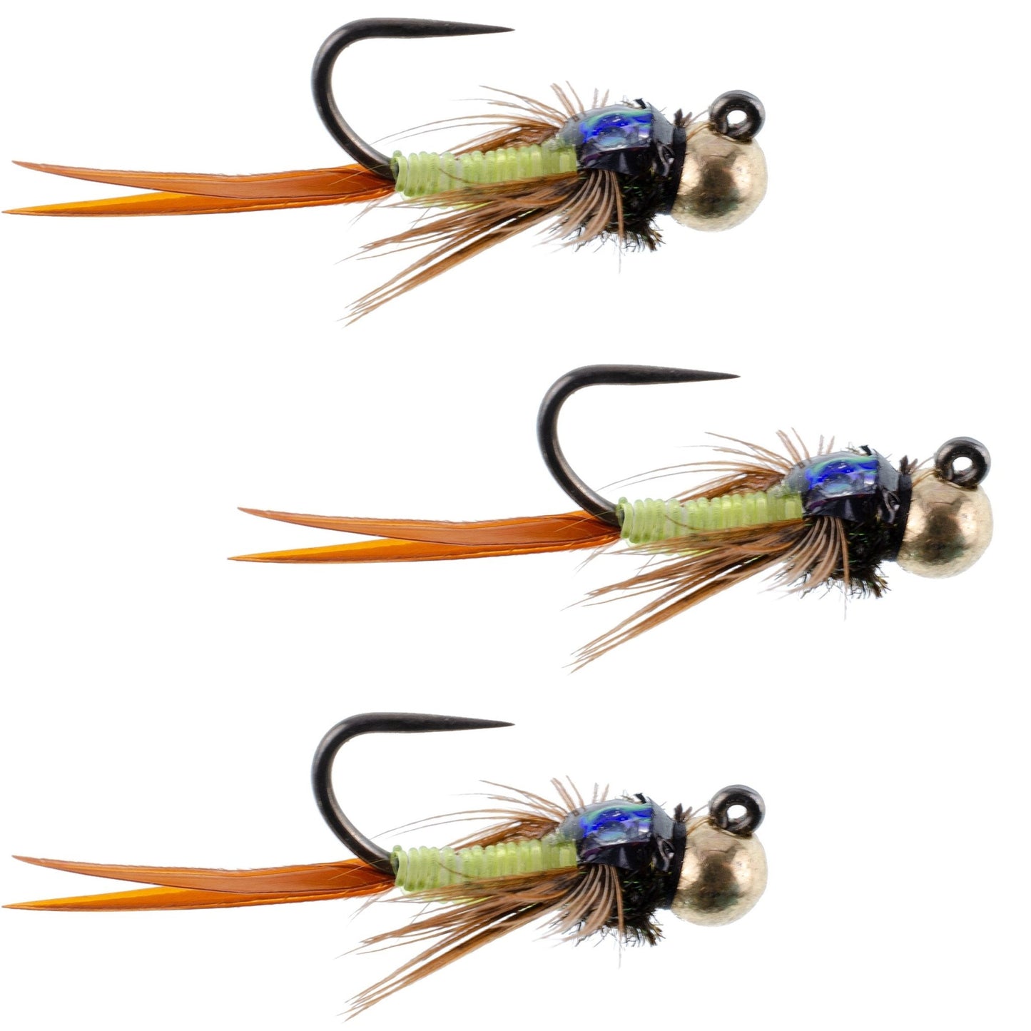 The Fly Fishing Place 3 Pack Tungsten Bead Tactical Jig Copper John Chartreuse Czech Nymph Euro Nymphing Fly - Size 12 - Angler's Pro Tackle & Outdoors