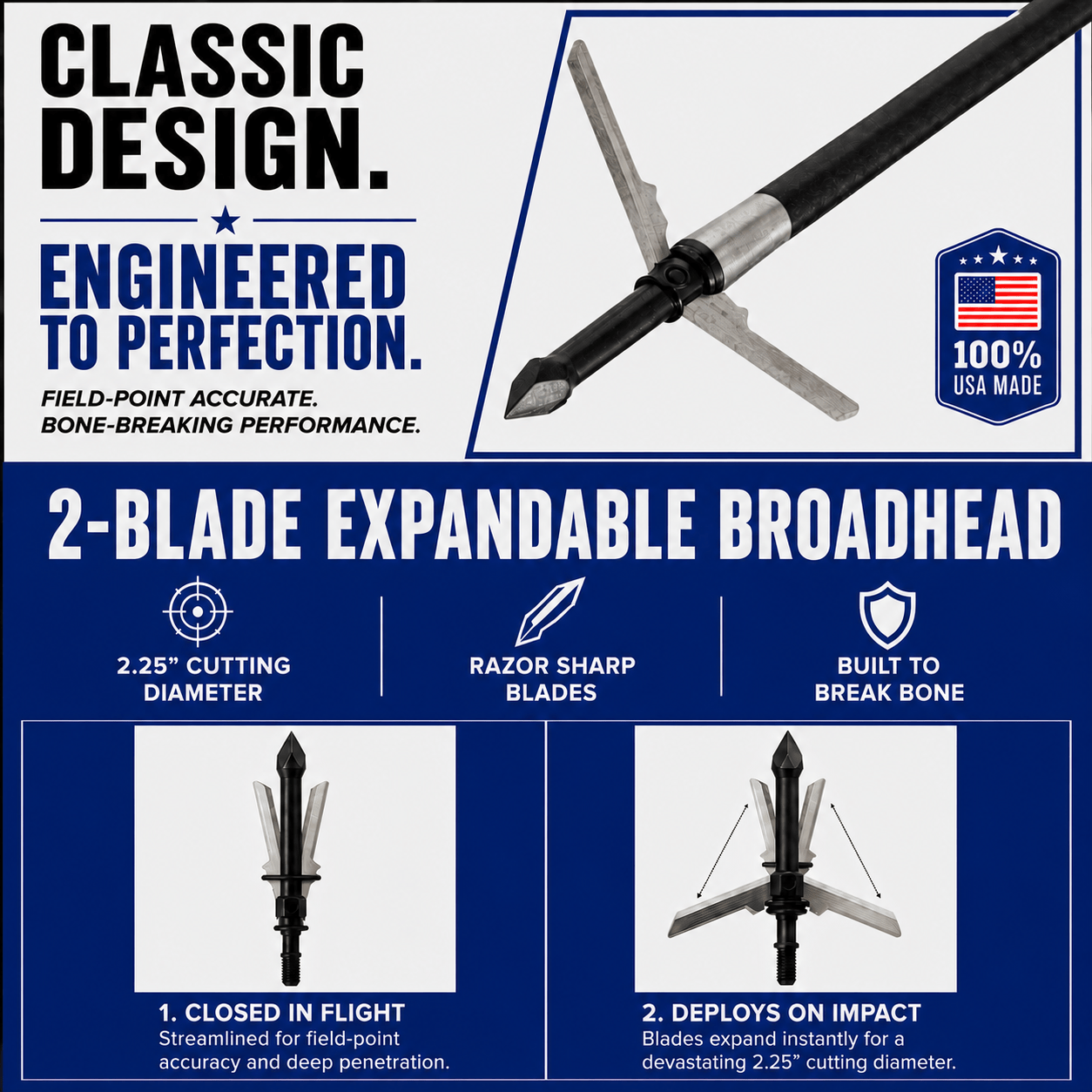 TOTA 2 Blade Expandable Mechanical Broadhead | 2.25 Inch Cutting Diameter |TOTA | 125 grain