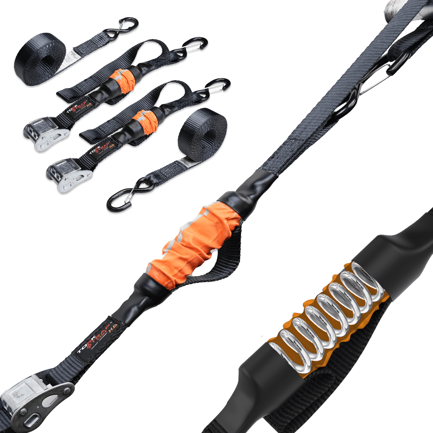 TorkStrap HD750 | 14'x1.5'' Spring Loaded Tie Down Straps - Adapts to Load Shifts - Heavy Duty 2250lbs Max Load - Just Pull Alternative to Ratchet Straps w/Hooks - Secure Motorcycles, Kayaks - Angler's Pro Tackle & Outdoors