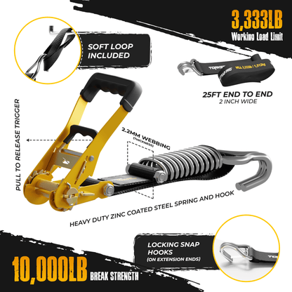 TorkStrap PRO | 25' x 2'' Self Tensioning Ratchet Straps (10,000LB Break Strength) - Adjusts to Load Shifts - Spring Loaded Heavy Duty Ratchet Straps w/ Soft Loops - UTV, Cargo, ATV, Truck - Angler's Pro Tackle & Outdoors