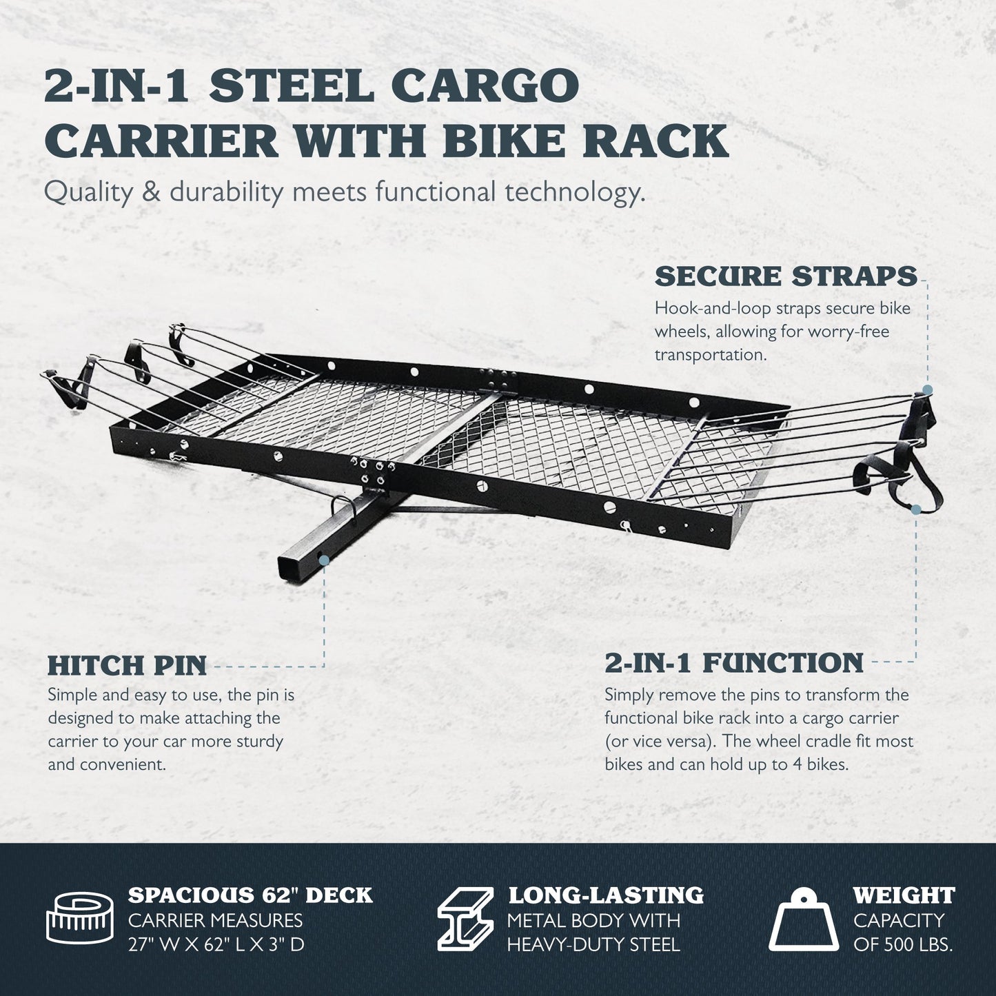 Tow Tuff 62 Inch Steel Cargo Carrier and Bike Rack, Fits All 2 Inch Receivers - Angler's Pro Tackle & Outdoors