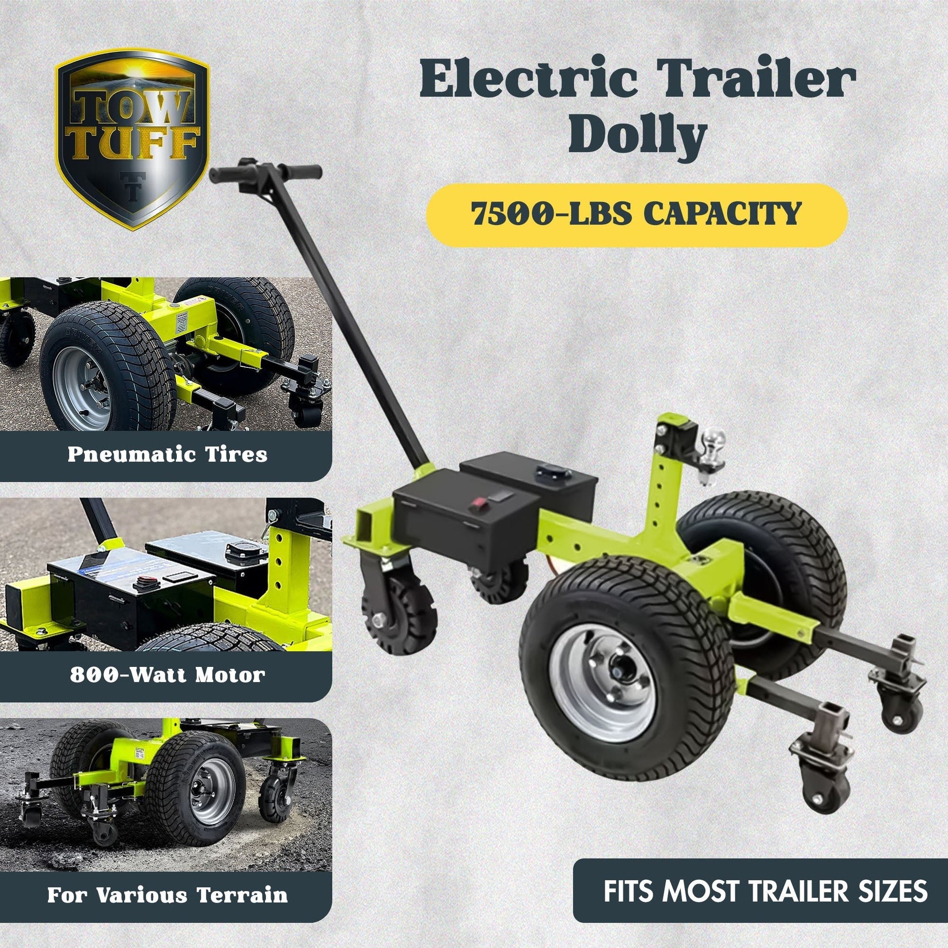 Tow Tuff 7500 Pound Capacity Electric Trailer Dolly with Pnuematic Tires, Green - Angler's Pro Tackle & Outdoors