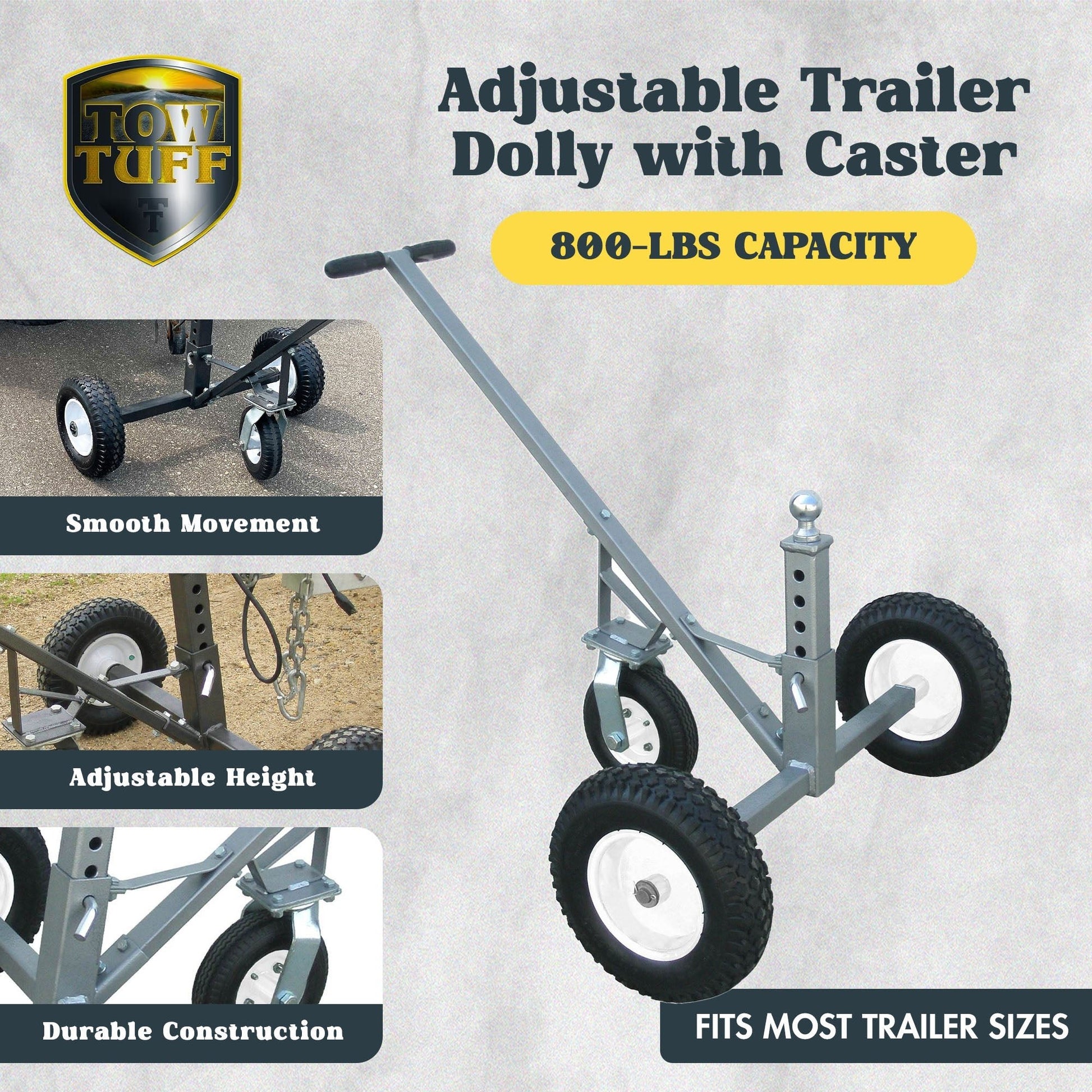 Tow Tuff TMD - 800C Adjustable Solid Steel 800lb Capacity Trailer Dolly w/Caster - Angler's Pro Tackle & Outdoors