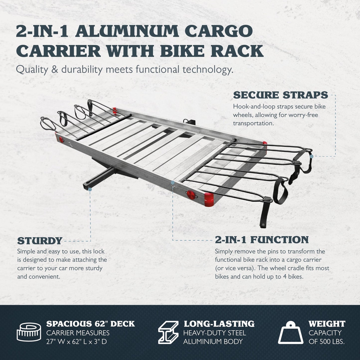 Tow Tuff TTF - 2762ACBR Heavy Duty 2 - in - 1 Aluminum Cargo Carrier with Bike Rack - Angler's Pro Tackle & Outdoors