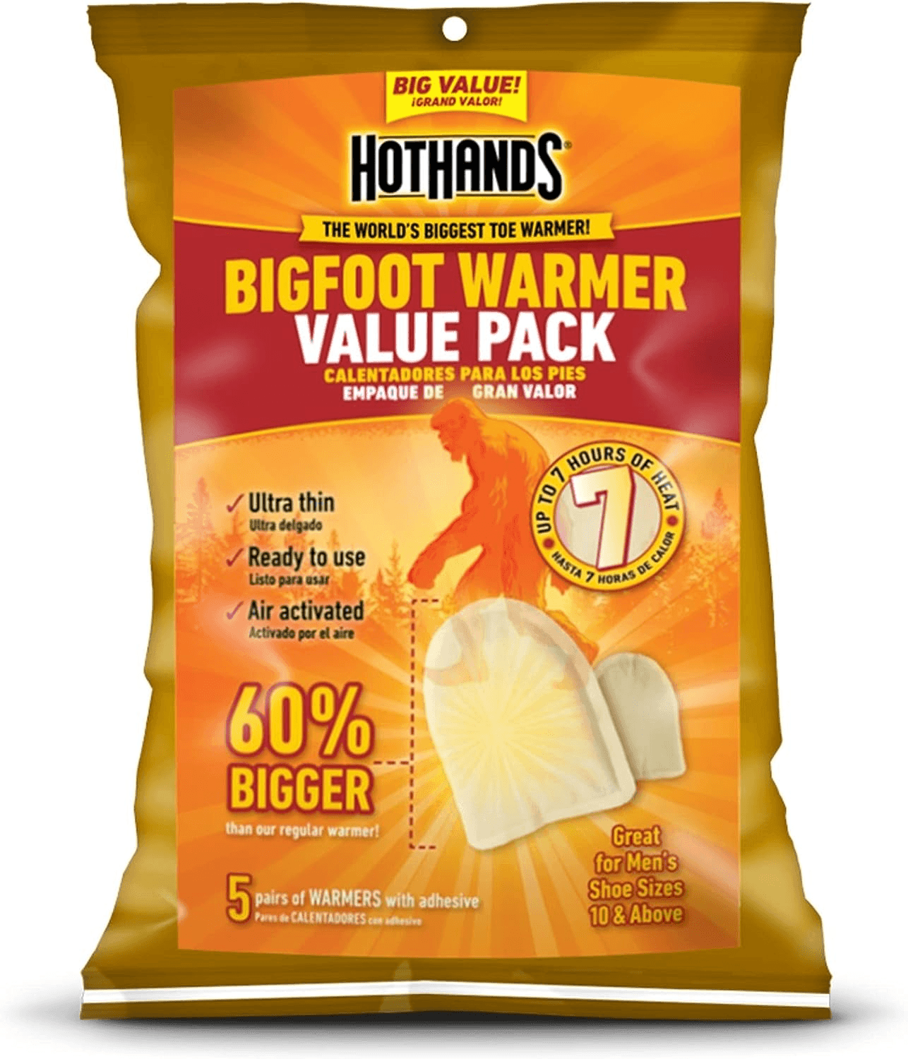 TRAPSKI HotHands BigFoot Warmers - Long Lasting Safe Natural Odorless Air Activated Warmers - Up to 7 Hours of Heat - 5 Pair Pack - Angler's Pro Tackle & Outdoors