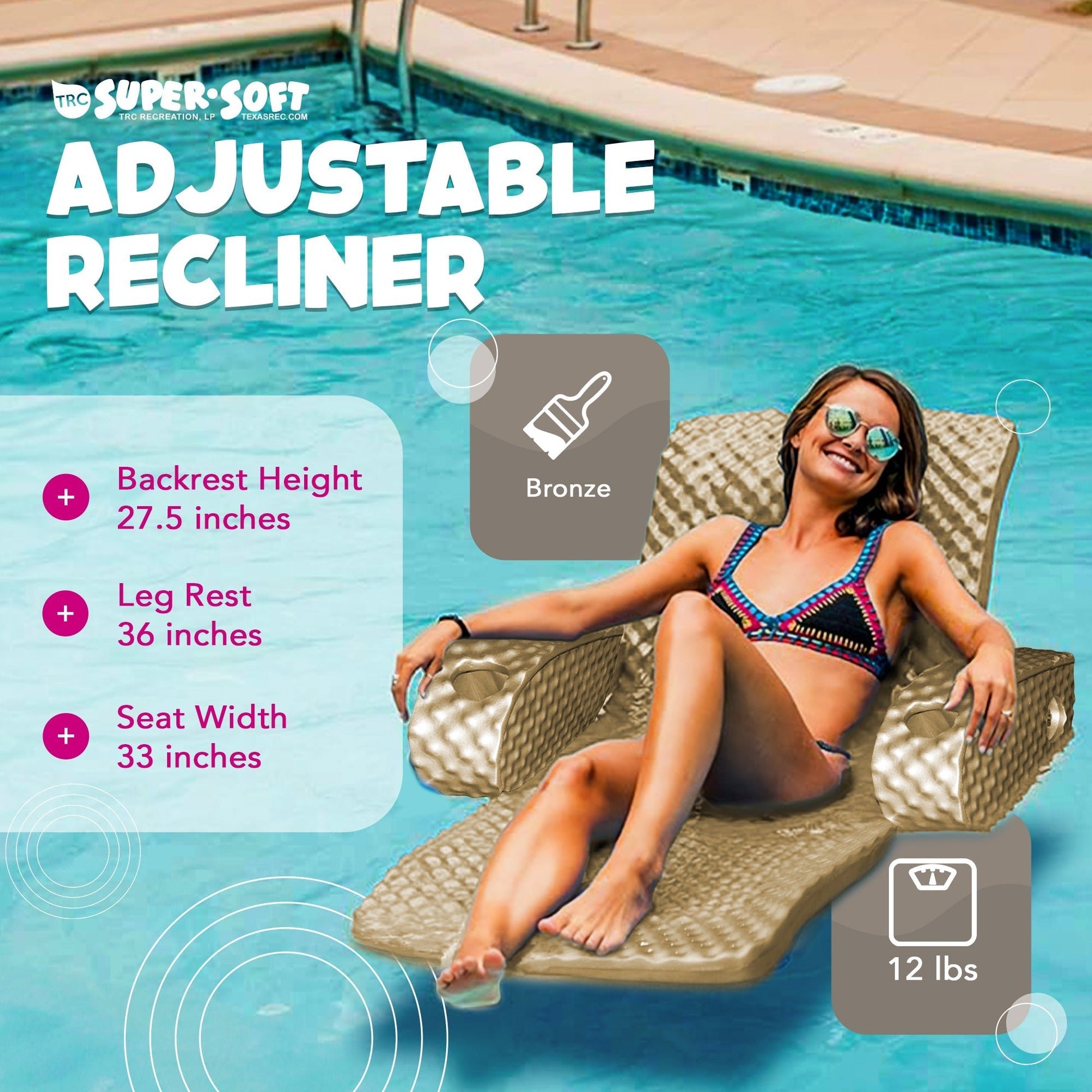 TRC Recreation Super Soft Adjustable Swimming Pool Lounge Recliner Float, Bronze - Angler's Pro Tackle & Outdoors
