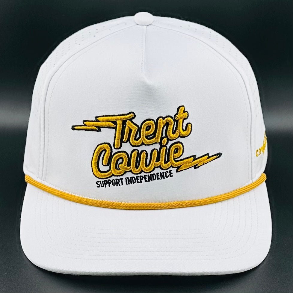 Trent Cowie "Support Independence" Cowboy Revolution 5 - panel Performance Hat (White & Gold) - Angler's Pro Tackle & Outdoors