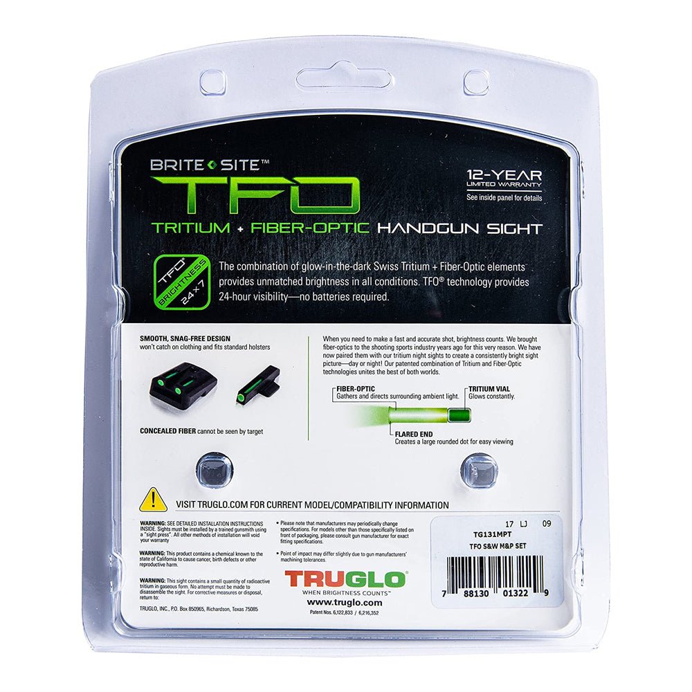 TruGlo TFO Handgun Sight Accessories, Fits S&W M&P, SD9, and SD40 Models, Green - Angler's Pro Tackle & Outdoors