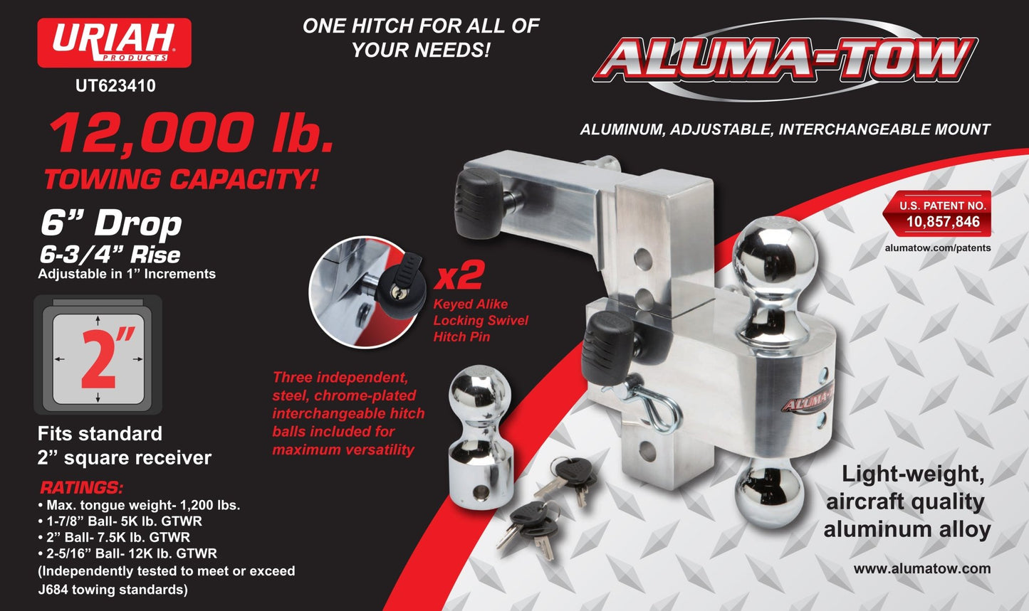 Uriah AlumaTow Adjustable Aluminum Tow Trailer Hitch Mount 6 Inch Drop (2 Pack) - Angler's Pro Tackle & Outdoors