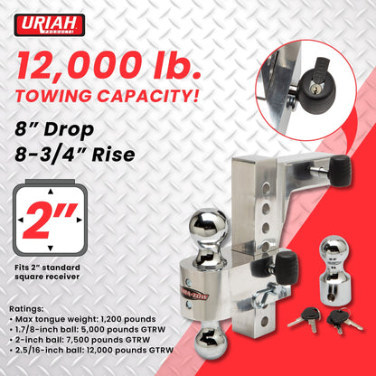 Uriah Products Adjustable Aluminum Hitch Mount with up to 8 Inch Rise and Drop - Angler's Pro Tackle & Outdoors